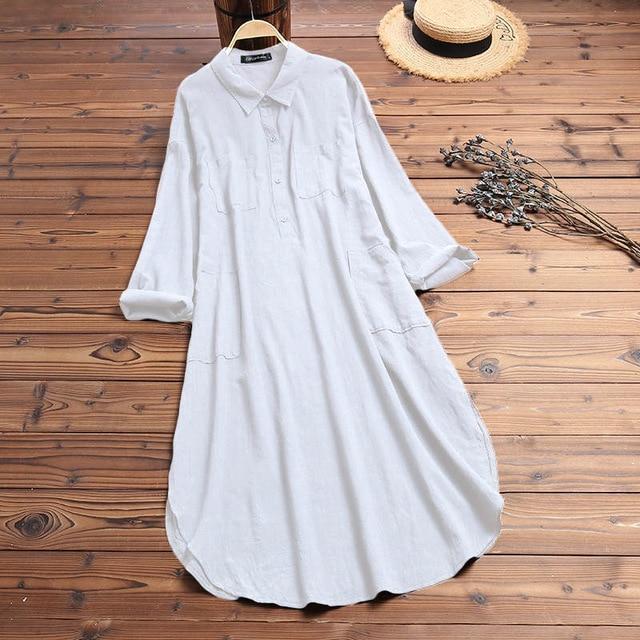 2019 ZANZEA Women Long Shirts Dress Office Lady Work Dresses Casual Solid Lapel Vestidos Cotton Tunic Shirt Robe Femme Dresses