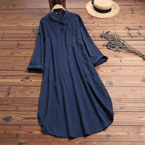 2019 ZANZEA Women Long Shirts Dress Office Lady Work Dresses Casual Solid Lapel Vestidos Cotton Tunic Shirt Robe Femme Dresses