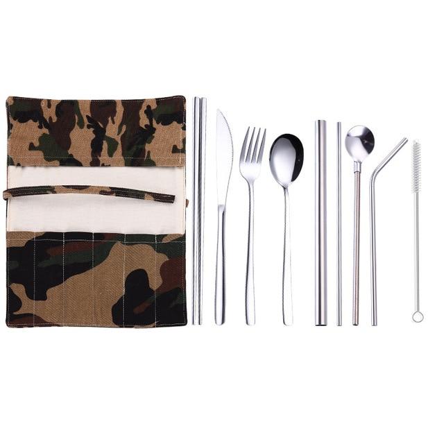 Tofok Stainless Steel Dinnerware Set Spoon Fork Chopsticks Straw With Cloth Pack Cutlery For Travel Outdoor Office Picnic BBQ