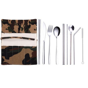 Tofok Stainless Steel Dinnerware Set Spoon Fork Chopsticks Straw With Cloth Pack Cutlery For Travel Outdoor Office Picnic BBQ