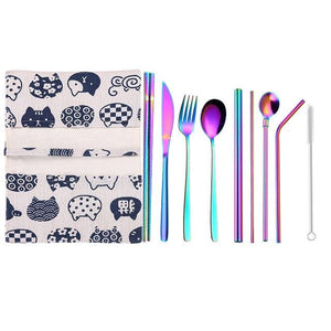 Tofok Stainless Steel Dinnerware Set Spoon Fork Chopsticks Straw With Cloth Pack Cutlery For Travel Outdoor Office Picnic BBQ