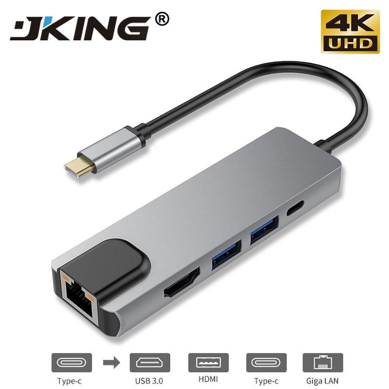 USBC to Rj45 HDMI USB 3.0 Type C Charing Port 5 In 1 Hub Gigabit Ethernet Lan 4K for Mac book Pro Thunderbolt 3 USB-C Charger