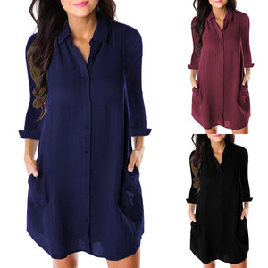 Women Loose Solid Dresses Turn Down Casual Ladies Office Shirt Dresses Button 2019 Summer Spring Long Sleeve Dresses Vestidos