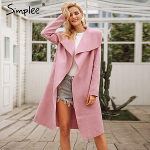 Simplee Black ruffle warm winter coat Women turndown long coat collar overcoat female Casual autumn 2016 pink outerwear