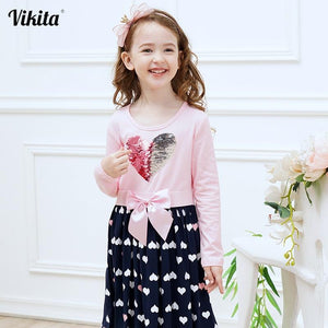 VIKITA Girls Cotton Dress Long Sleeve Children Patchwork Vestidos Kid Dresses