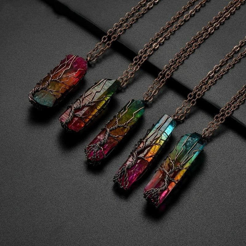 7 Chakra Ainbow Natural Stone Copper Wire Pendant Necklace