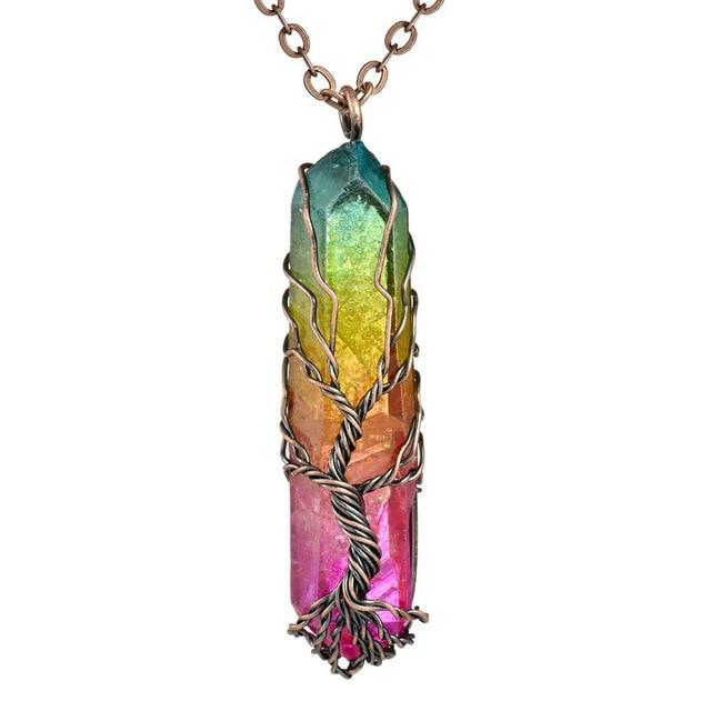 7 Chakra Ainbow Natural Stone Copper Wire Pendant Necklace