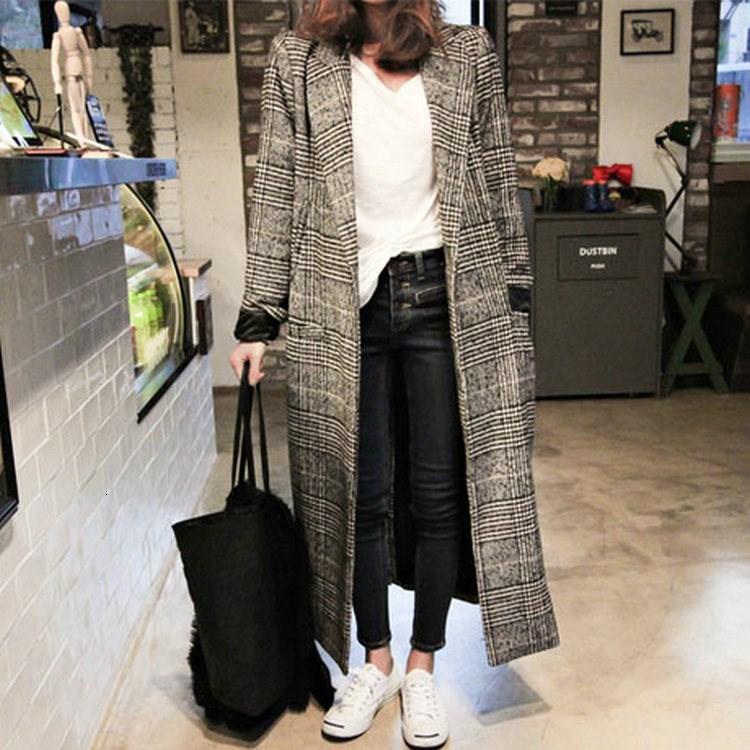 Winter Autumn Elegant Women Korean Office Lady Long Plaid Coat Loose Oversized Warm Wool Blends Overcoat Casual OL Trench Coat