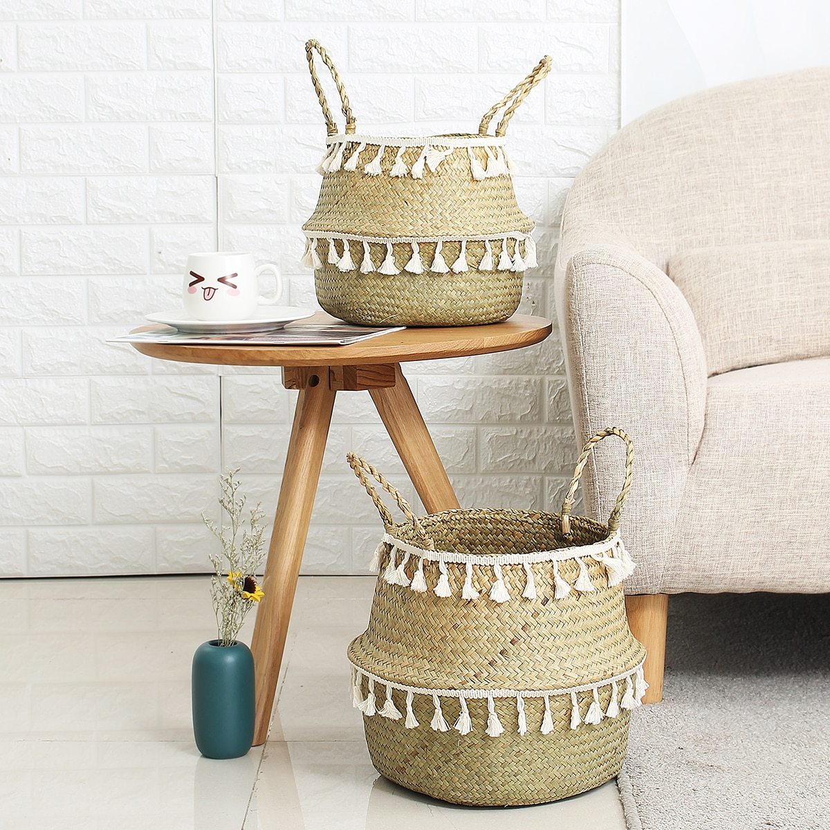 Handmade Bamboo Storage Baskets Seagrass Wicker Basket Garden Flower Pot Laundry Basket Container Toy Holder with White Tassel