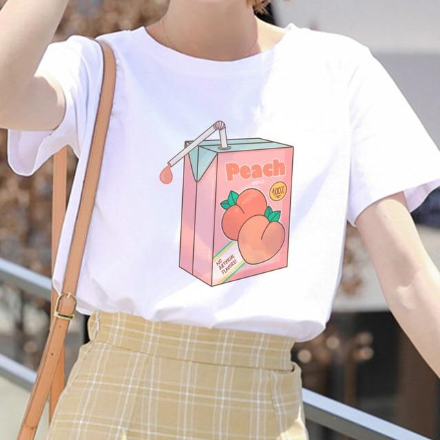 Juice Japanses Aesthetic Cartoon Peach Grunge dress Women Harajuku Kawaii Pink vestidos Summer Casual Tumblr Outfit vadim Tops