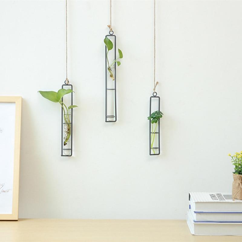 Creative Wall Hanging Flower Vase Iron Glass Hydroponics Planter Pot Transparent Hanging Flower Bottle Home Ornament Decoration