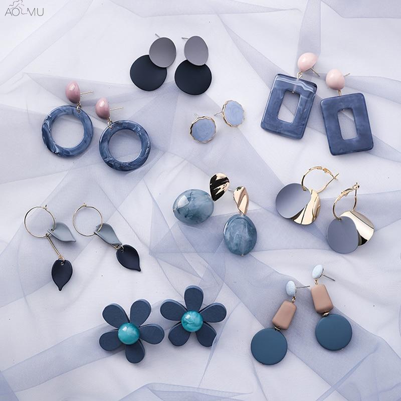 AOMU Korean Blue Geometric Acrylic Irregular Hollow Circle Square Dangles