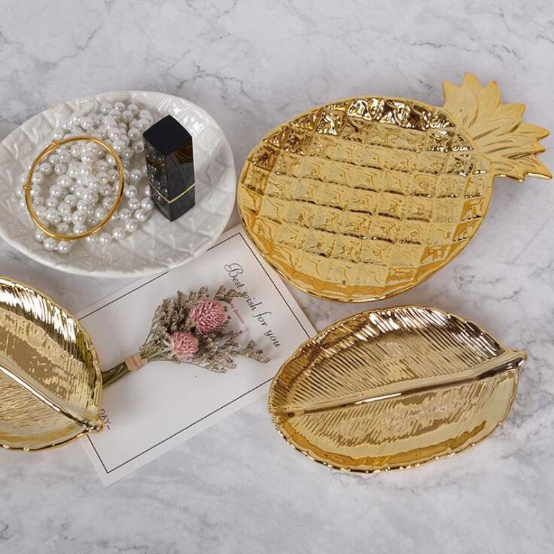 Ceramic Plate Gold Leaf Dish Tableware Porcelain Candy Trinket Dish Fruit Serving Tray Storage Plate Crockery Home Decor