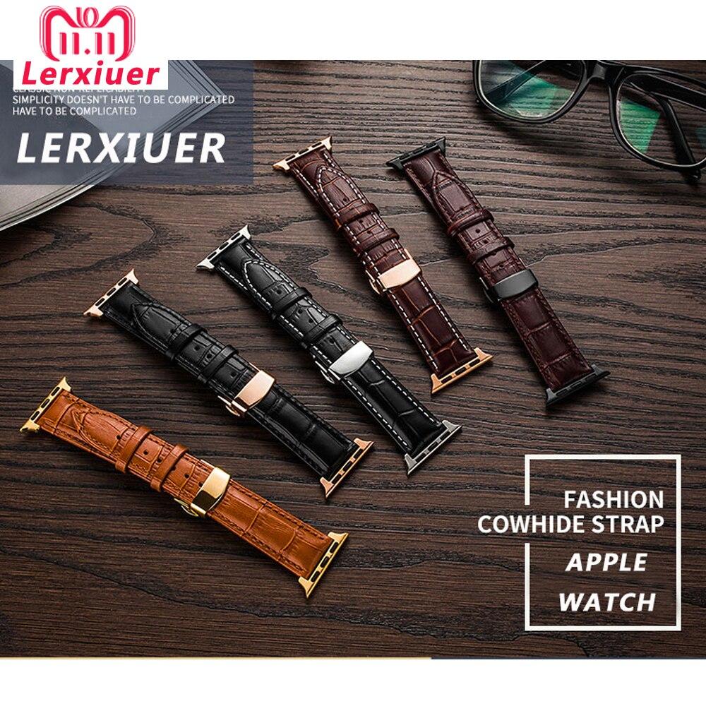 Leather strap for apple watch 5 4 band correa applewatch 44mm 40mm 42mm 38mm iwatch 5 4 3 2 1 Butterfly buckle bracelet