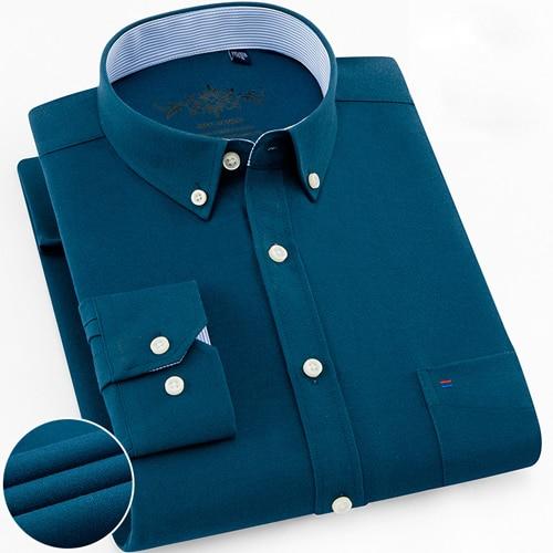 Mens Long Sleeve Solid Oxford Dress Shirt with Left Chest Pocket