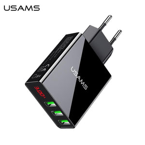 USAMS 3 Port USB Phone Charger LED Display EU Plug Total Max 3A Smart Fast Charger Mobile Wall Charger for iPhone iPad Samsung