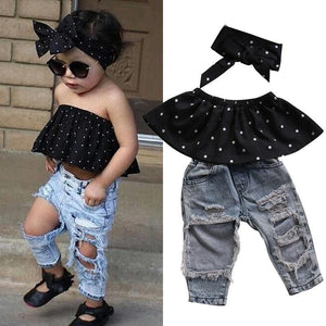 Summer Fashion Toddler Baby Girls Clothes Dot Sleeveless 3pcs Tops+Hole Jeans