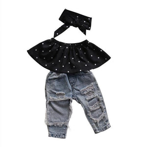 Summer Fashion Toddler Baby Girls Clothes Dot Sleeveless 3pcs Tops+Hole Jeans