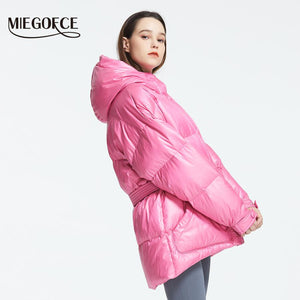 MIEGOFCE 2019 New Winter Women's Jacket High Quality Bright Colors Insulated Puffy Coat collar hooded Parka Loose Cut With Belt