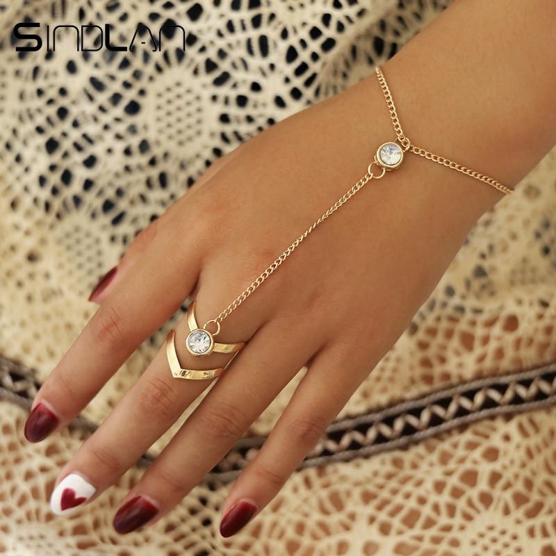 Gold Big Crystal Ring Bracelet for Women