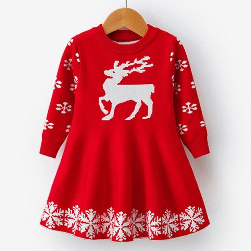 Kids Dresses For Girls Long Sleeve Deer Snowflake Print Dress