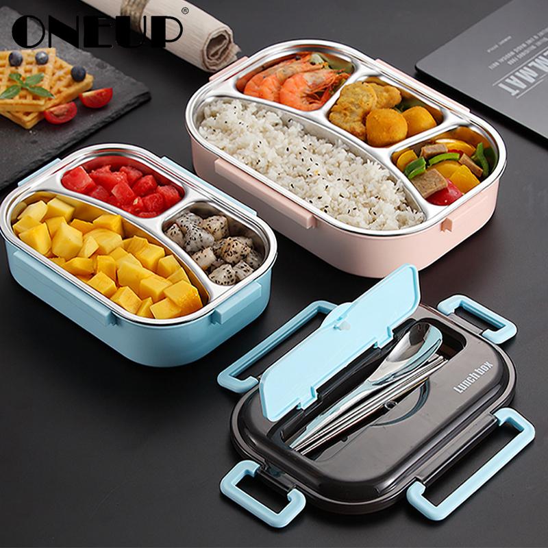 ONEUP 304 Stainless Steel Lunch Box New Japanese Style Compartment Bento Box Kitchen Leakproof Food Container To Send Tableware