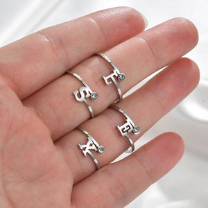 Initial Ring Silver Color Letter Adjustable Rings For Couple Lovers' Ring Rhinestone