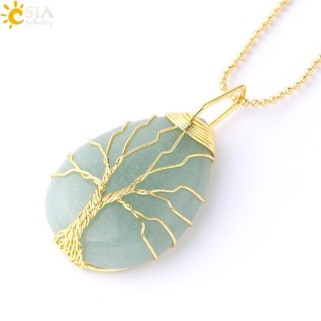 Tree of Life Necklace Natural Stone Pendant Wire Wrap Gem