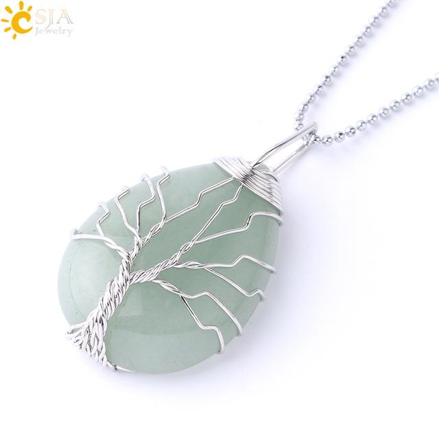 Tree of Life Necklace Natural Stone Pendant Wire Wrap Gem