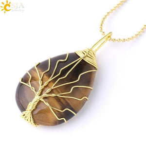 Tree of Life Necklace Natural Stone Pendant Wire Wrap Gem