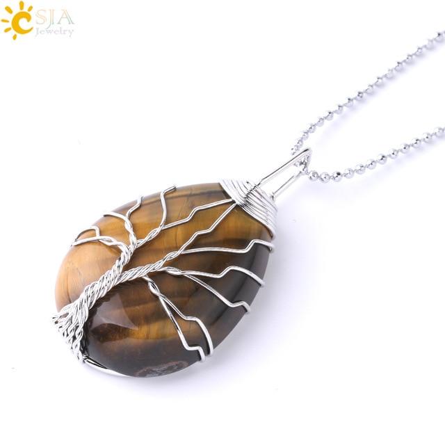 Tree of Life Necklace Natural Stone Pendant Wire Wrap Gem