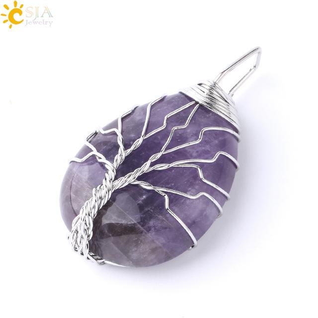 Tree of Life Necklace Natural Stone Pendant Wire Wrap Gem