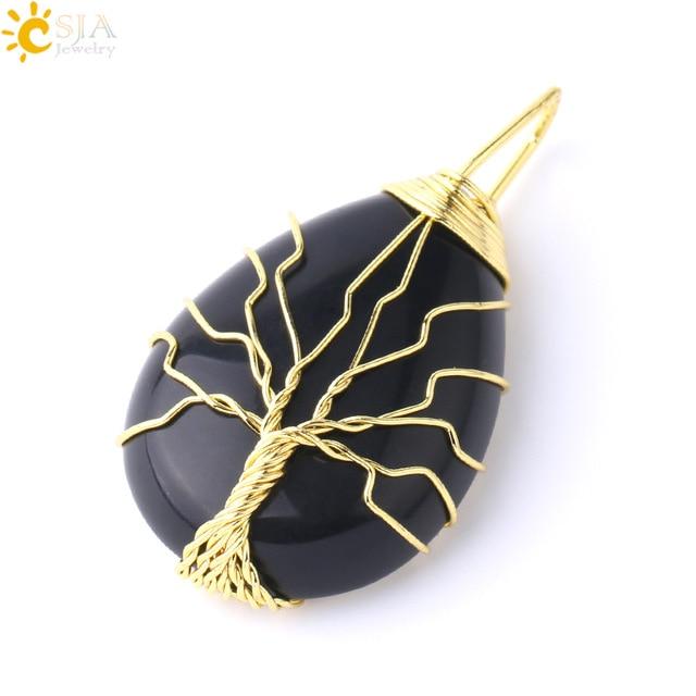 Tree of Life Necklace Natural Stone Pendant Wire Wrap Gem