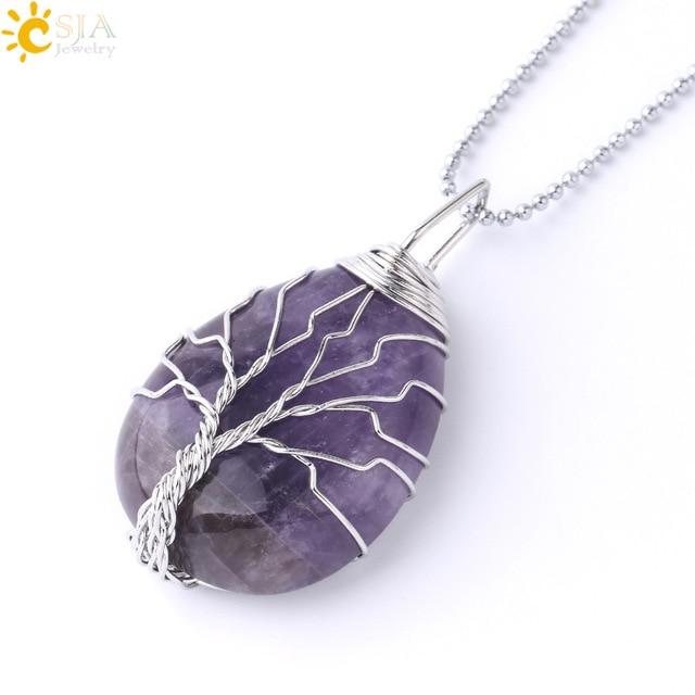 Tree of Life Necklace Natural Stone Pendant Wire Wrap Gem