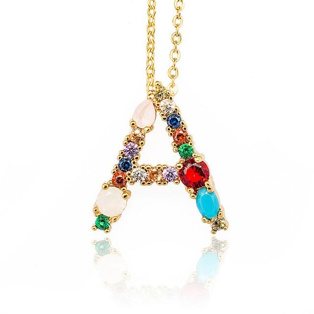 Multicolor charm Gold pendant necklace micro pave zircon initial 26 letter necklaces