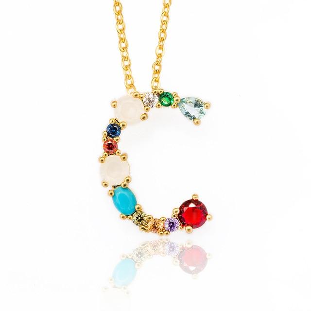 Multicolor charm Gold pendant necklace micro pave zircon initial 26 letter necklaces