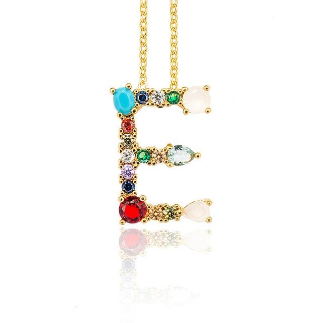 Multicolor charm Gold pendant necklace micro pave zircon initial 26 letter necklaces