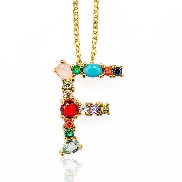 Multicolor charm Gold pendant necklace micro pave zircon initial 26 letter necklaces