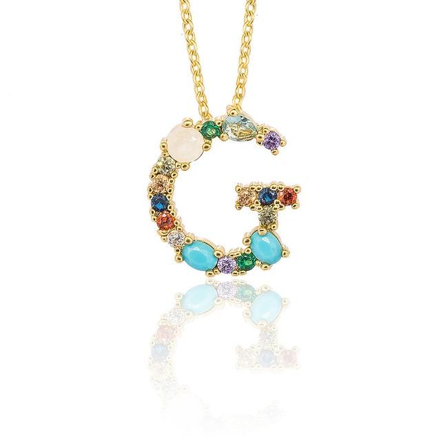 Multicolor charm Gold pendant necklace micro pave zircon initial 26 letter necklaces