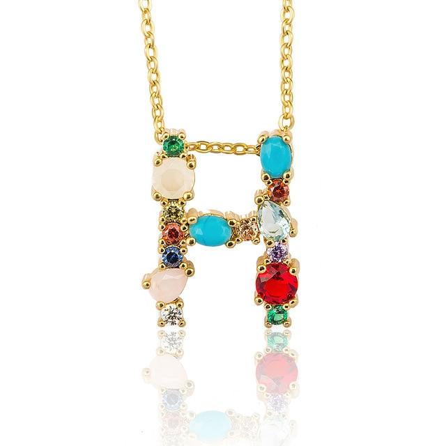 Multicolor charm Gold pendant necklace micro pave zircon initial 26 letter necklaces