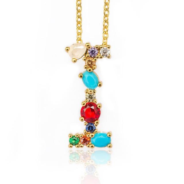 Multicolor charm Gold pendant necklace micro pave zircon initial 26 letter necklaces