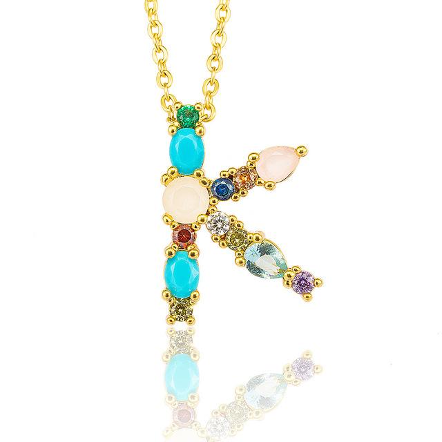 Multicolor charm Gold pendant necklace micro pave zircon initial 26 letter necklaces