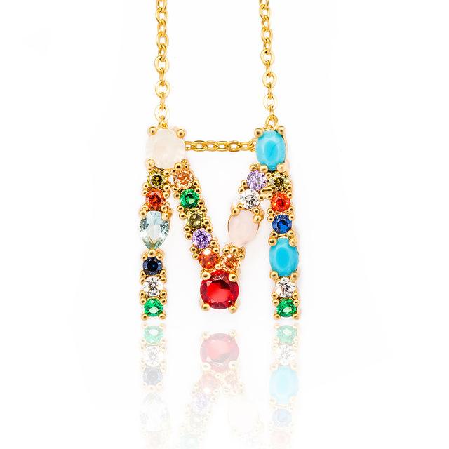 Multicolor charm Gold pendant necklace micro pave zircon initial 26 letter necklaces