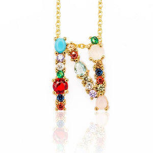 Multicolor charm Gold pendant necklace micro pave zircon initial 26 letter necklaces