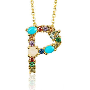 Multicolor charm Gold pendant necklace micro pave zircon initial 26 letter necklaces