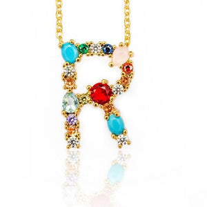 Multicolor charm Gold pendant necklace micro pave zircon initial 26 letter necklaces