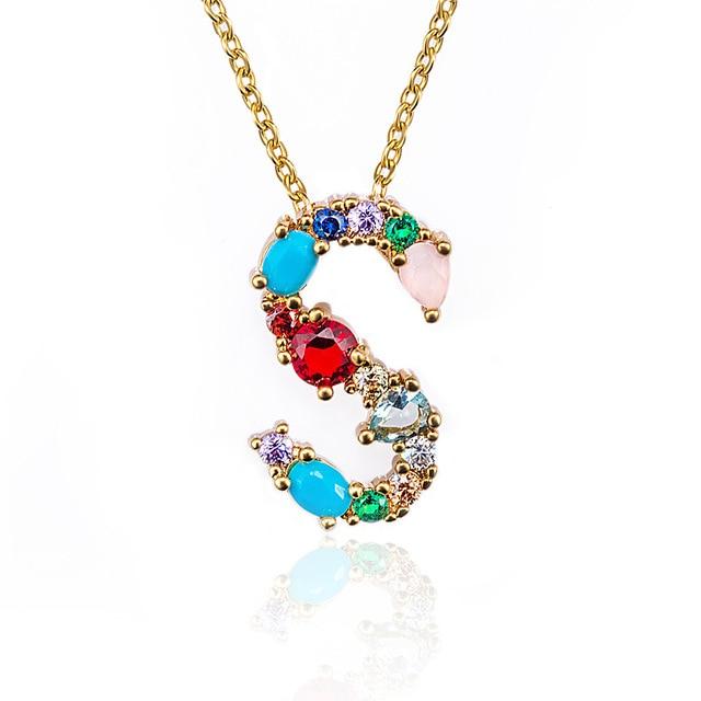 Multicolor charm Gold pendant necklace micro pave zircon initial 26 letter necklaces