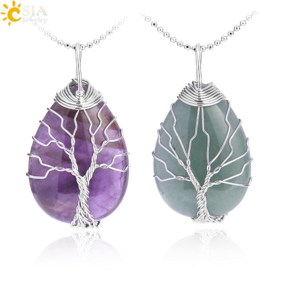 Tree of Life Necklace Natural Stone Pendant Wire Wrap Gem