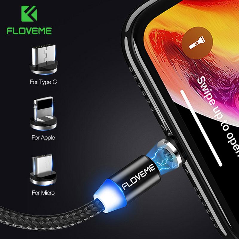 FLOVEME 1M Magnetic Charge Cable Micro USB Cable For iPhone 11 Pro Max XR Magnet Charger USB Type C Cable LED Charging Wire Cord