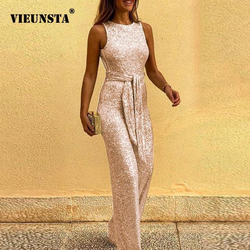 2020 Spring Summer Jumpsuits Women Sexy Sleeveless Elegant Sequin Jumpsuit Backless Glitter Shiny Party Bodysuit Playsuit Belt